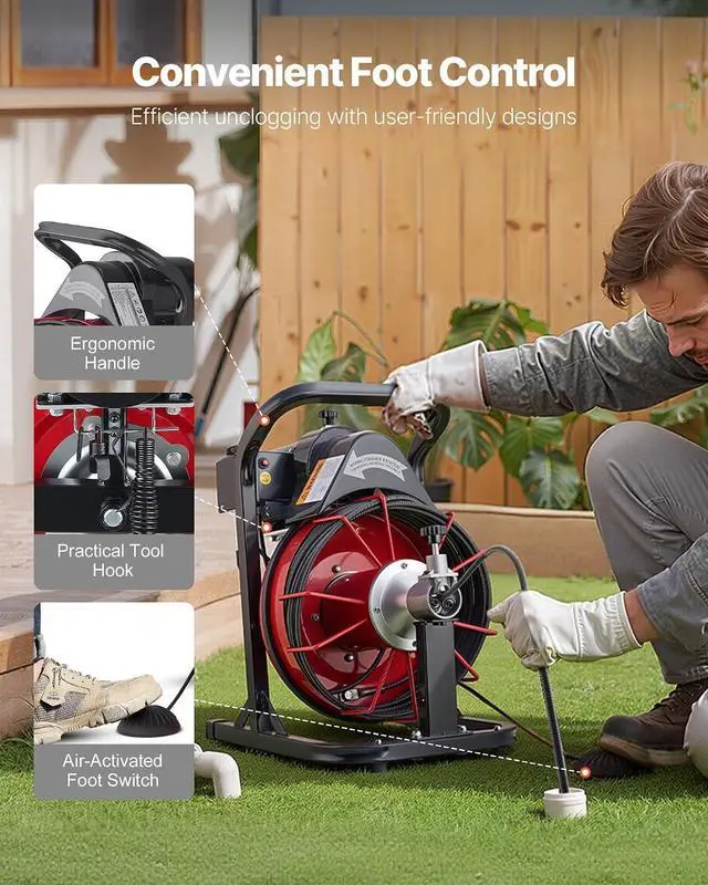 Alt view image 6 of 7 - Drain Cleaner Machine 50 FT x 5/16 Inch, Auto Feed Sewer Snake Auger with 4 Cutters & Air-Activated Foot Switch for 2" to 4" Pipes