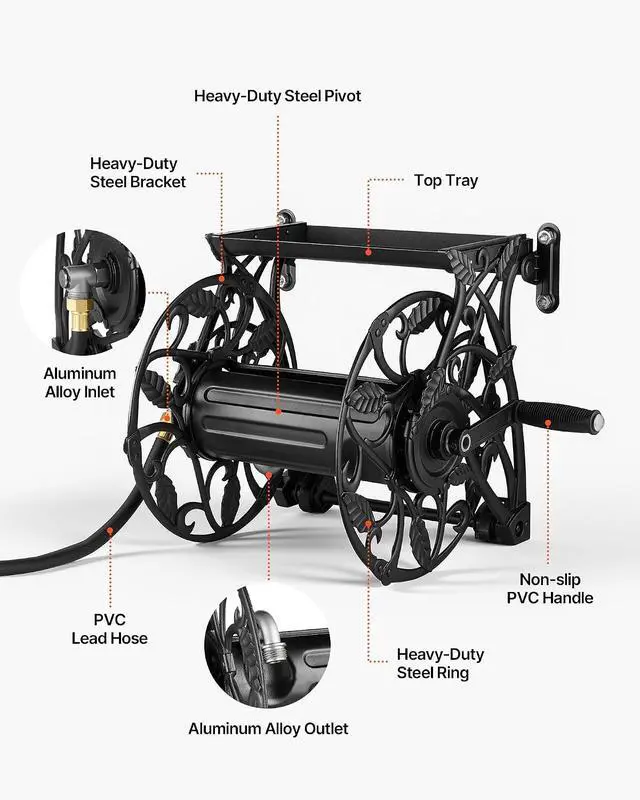 Alt view image 7 of 7 - Wall Mounted Garden Hose Reel, Holds 135 Feet of 5/8-inch Hose, Outdoor Heavy-Duty Waterhose Holder Winder, with Widened Top Tray, Aluminum Alloy Connector, Decorative Pattern, for Backyards