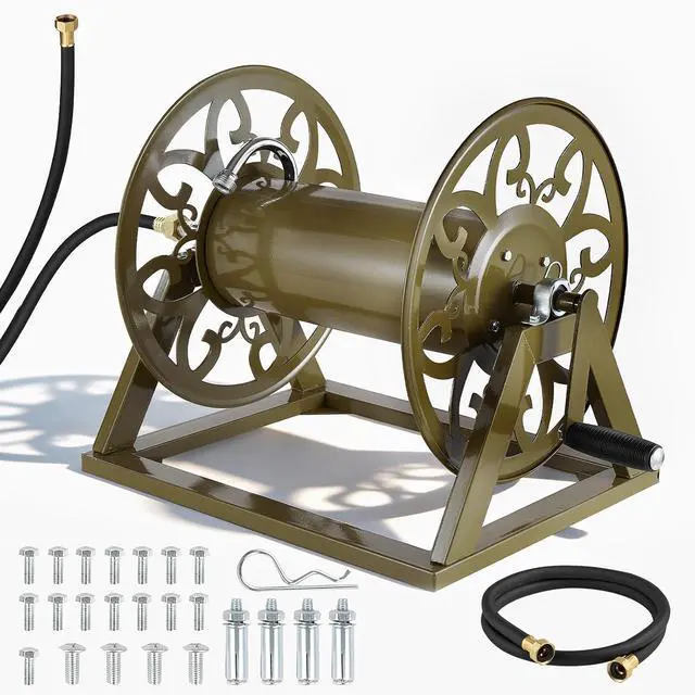 Main image of Wall Mounted Garden Hose Reel, Holds 200 Feet of 5/8-inch Hose, Outdoor Heavy-Duty Waterhose Holder Winder, with Brass Connector, Decorative Pattern, Bronze Finish, for Backyards and Gardens