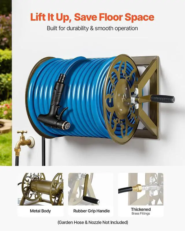Alt view image 3 of 7 - Wall Mounted Garden Hose Reel, Holds 200 Feet of 5/8-inch Hose, Outdoor Heavy-Duty Waterhose Holder Winder, with Brass Connector, Decorative Pattern, Bronze Finish, for Backyards and Gardens