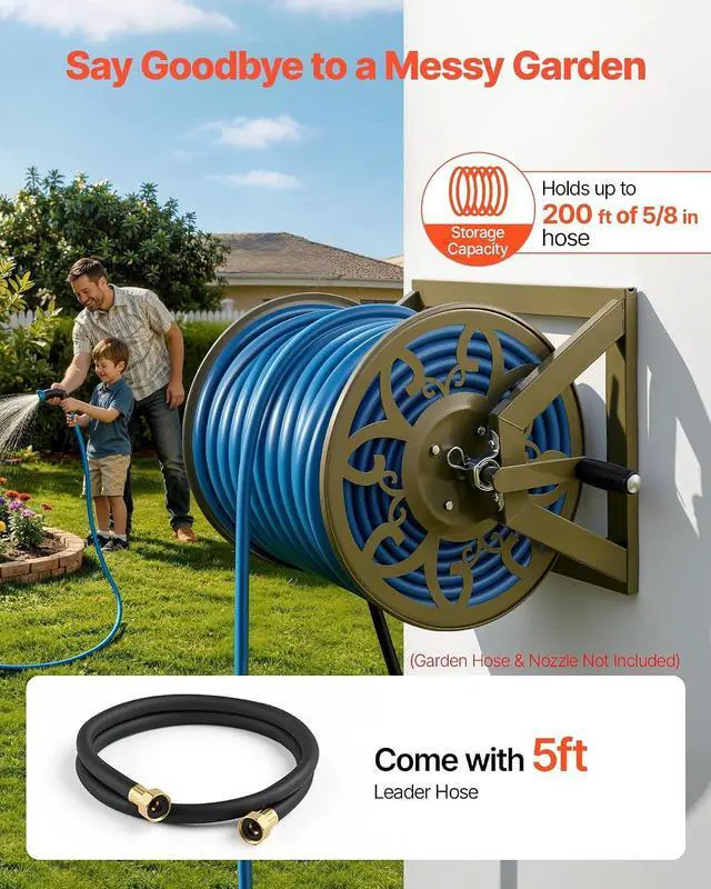Alt view image 2 of 7 - Wall Mounted Garden Hose Reel, Holds 200 Feet of 5/8-inch Hose, Outdoor Heavy-Duty Waterhose Holder Winder, with Brass Connector, Decorative Pattern, Bronze Finish, for Backyards and Gardens