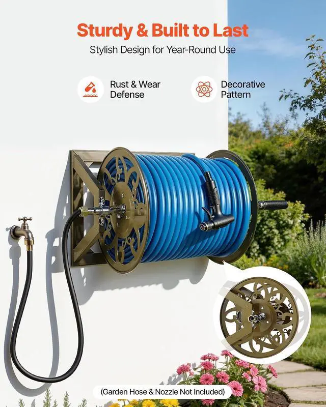 Alt view image 4 of 7 - Wall Mounted Garden Hose Reel, Holds 200 Feet of 5/8-inch Hose, Outdoor Heavy-Duty Waterhose Holder Winder, with Brass Connector, Decorative Pattern, Bronze Finish, for Backyards and Gardens