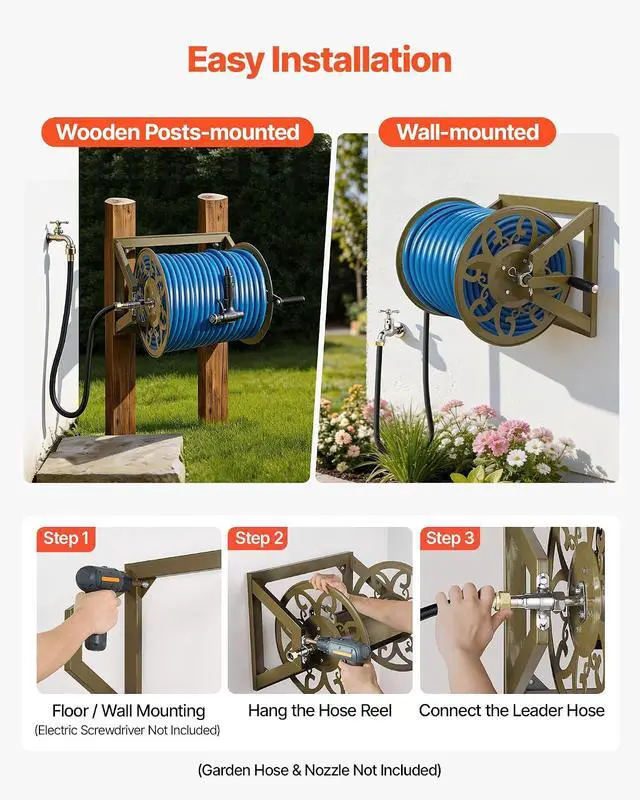 Alt view image 5 of 7 - Wall Mounted Garden Hose Reel, Holds 200 Feet of 5/8-inch Hose, Outdoor Heavy-Duty Waterhose Holder Winder, with Brass Connector, Decorative Pattern, Bronze Finish, for Backyards and Gardens