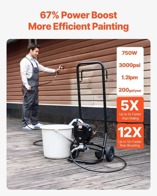 Alt view image 2 of 7 - 750W Stand Airless Paint Sprayer, 3000PSI High Efficiency Electric Airless Sprayer with Cart, Paint Sprayers for Home Interior and Exterior Furniture and Fences, Fine and Even Painting Effect