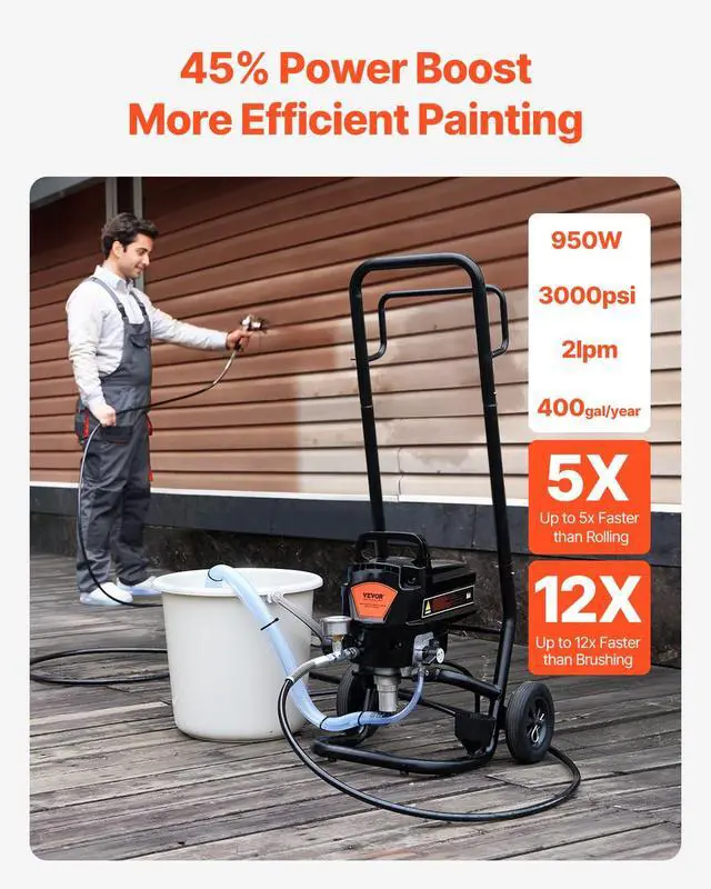 Alt view image 2 of 7 - Stand Airless Paint Sprayer with Cart, 950W 3000PSI High Efficiency Electric Airless Sprayer, Fine and Even Painting Effect, Paint Sprayers for Home Interior and Exterior Furniture and Fences