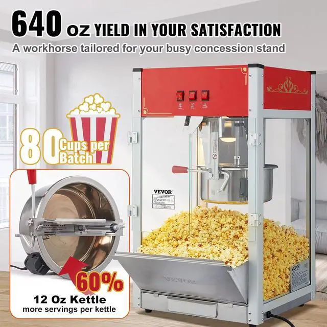 Alt view image 3 of 7 - Commercial Popcorn Machine, 12 Oz Kettle, 1440 W Countertop Popcorn Maker for 80 Cups per Batch, Theater Style Popper with 3-Switch Control Steel Frame Tempered Glass Doors 1 Scoop 2 Spoons, Red
