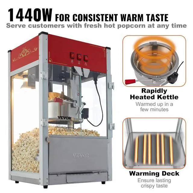 Alt view image 4 of 7 - Commercial Popcorn Machine, 12 Oz Kettle, 1440 W Countertop Popcorn Maker for 80 Cups per Batch, Theater Style Popper with 3-Switch Control Steel Frame Tempered Glass Doors 1 Scoop 2 Spoons, Red