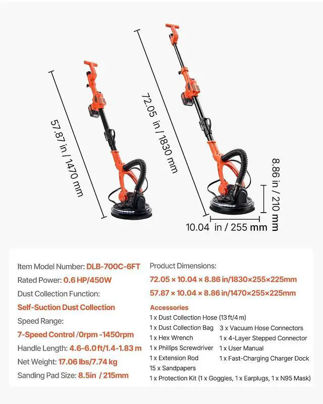 Alt view image 7 of 7 - Cordless Drywall Sander, 450W Electric Sander, Popcorn Ceiling Removal Tool with Vacuum Dust Collection, 7 Variable Speed 0-1600 RPM, LED Light, Foldable & Extendable Handle, 15 Sanding Discs