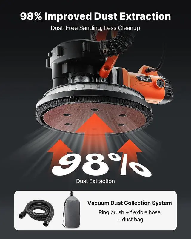 Alt view image 3 of 7 - Drywall Sander, 1150W Electric Drywall Sander, Popcorn Ceiling Removal Tool with Vacuum Dust Collection, 5 Variable Speed 800-1700 RPM, LED Light, Foldable & Extendable Handle, 15 Sanding Discs