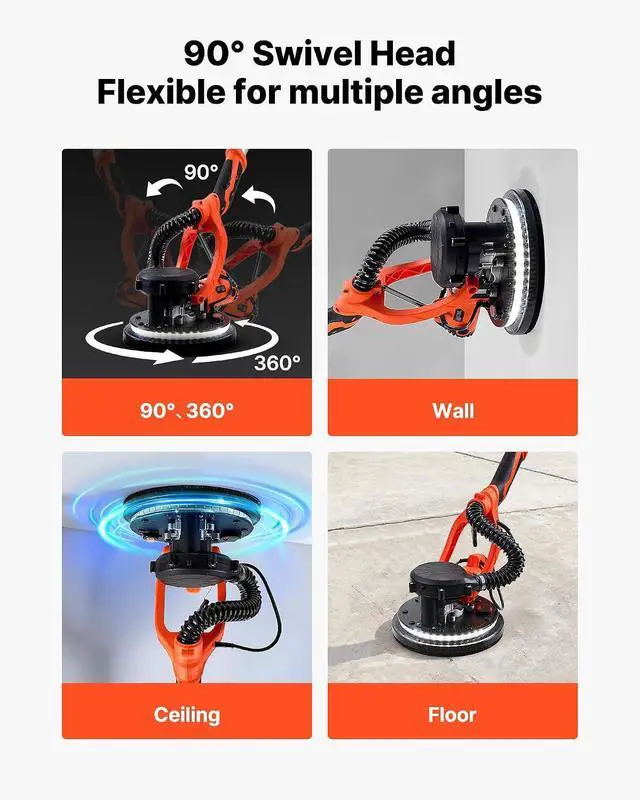 Alt view image 4 of 7 - Drywall Sander, 1150W Electric Drywall Sander, Popcorn Ceiling Removal Tool with Vacuum Dust Collection, 5 Variable Speed 800-1700 RPM, LED Light, Foldable & Extendable Handle, 15 Sanding Discs