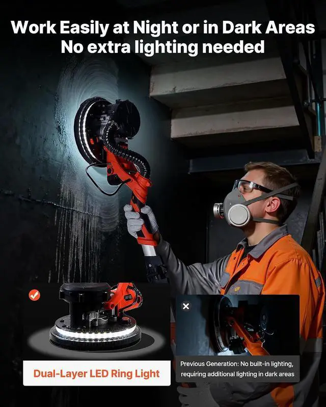 Alt view image 5 of 7 - Drywall Sander, 1150W Electric Drywall Sander, Popcorn Ceiling Removal Tool with Vacuum Dust Collection, 5 Variable Speed 800-1700 RPM, LED Light, Foldable & Extendable Handle, 15 Sanding Discs