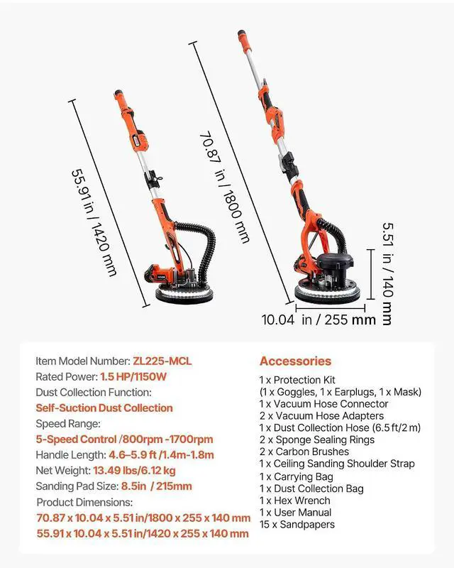Alt view image 7 of 7 - Drywall Sander, 1150W Electric Drywall Sander, Popcorn Ceiling Removal Tool with Vacuum Dust Collection, 5 Variable Speed 800-1700 RPM, LED Light, Foldable & Extendable Handle, 15 Sanding Discs
