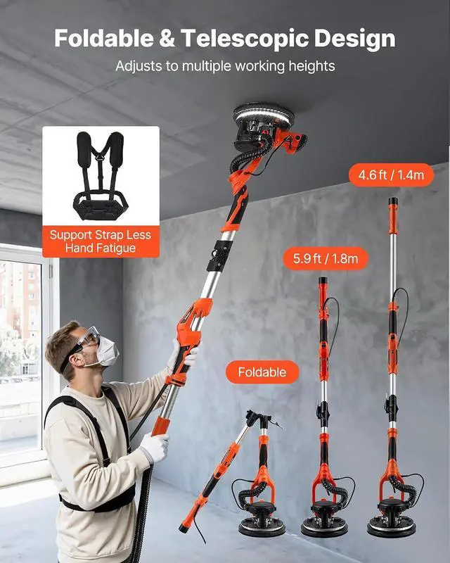 Alt view image 6 of 7 - Drywall Sander, 1150W Electric Drywall Sander, Popcorn Ceiling Removal Tool with Vacuum Dust Collection, 5 Variable Speed 800-1700 RPM, LED Light, Foldable & Extendable Handle, 15 Sanding Discs