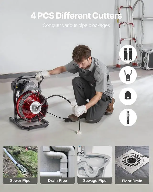 Alt view image 5 of 7 - 50FT x 1/2 Inch Drain Cleaning Machine, 250W Electric Drain Auger, Portable Sewer Snake Auger Cleaner with Cutters & Air-Activated Foot Switch for 1" to 4" Pipes, Black, Red