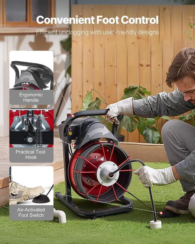 Alt view image 6 of 7 - 50FT x 1/2 Inch Drain Cleaning Machine, 250W Electric Drain Auger, Portable Sewer Snake Auger Cleaner with Cutters & Air-Activated Foot Switch for 1" to 4" Pipes, Black, Red