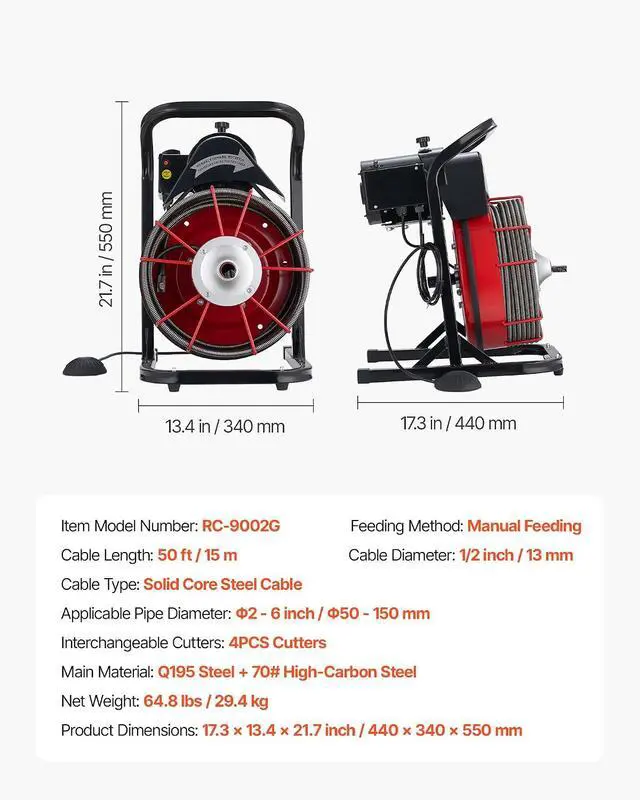Alt view image 7 of 7 - 50FT x 1/2 Inch Drain Cleaning Machine, 250W Electric Drain Auger, Portable Sewer Snake Auger Cleaner with Cutters & Air-Activated Foot Switch for 1" to 4" Pipes, Black, Red