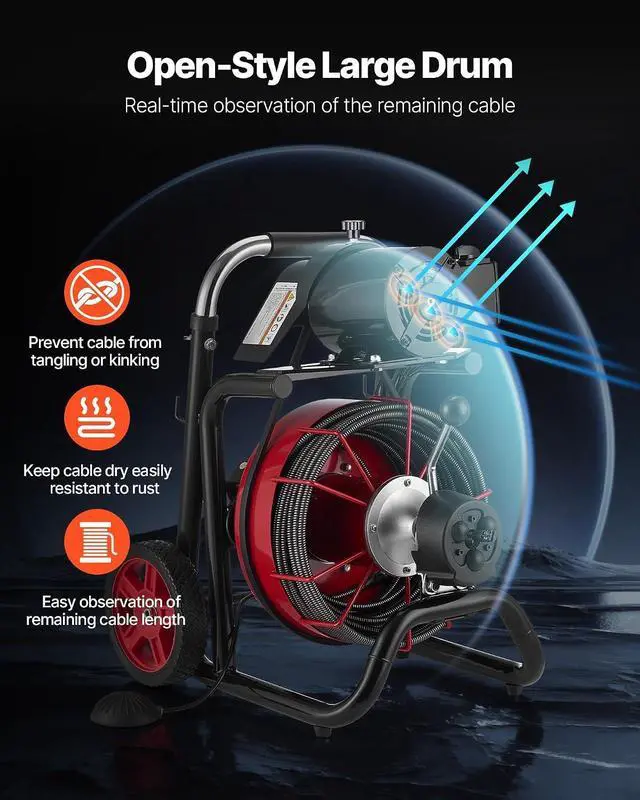 Alt view image 4 of 7 - Drain Cleaner Machine 100 FT x 1/2 Inch, Auto Feed Sewer Snake Auger on Wheels - with 8 Cutters & Air-Activated Foot Switch for 2" to 6" Pipes