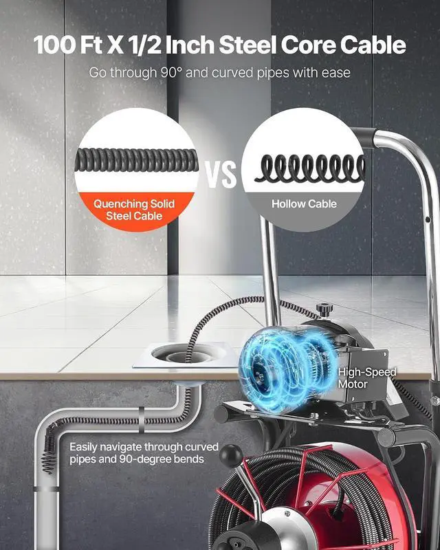 Alt view image 3 of 7 - Drain Cleaner Machine 100 FT x 1/2 Inch, Auto Feed Sewer Snake Auger on Wheels - with 8 Cutters & Air-Activated Foot Switch for 2" to 6" Pipes