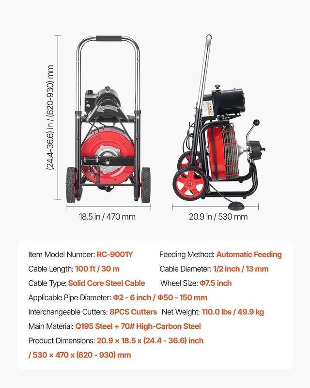 Alt view image 7 of 7 - Drain Cleaner Machine 100 FT x 1/2 Inch, Auto Feed Sewer Snake Auger on Wheels - with 8 Cutters & Air-Activated Foot Switch for 2" to 6" Pipes