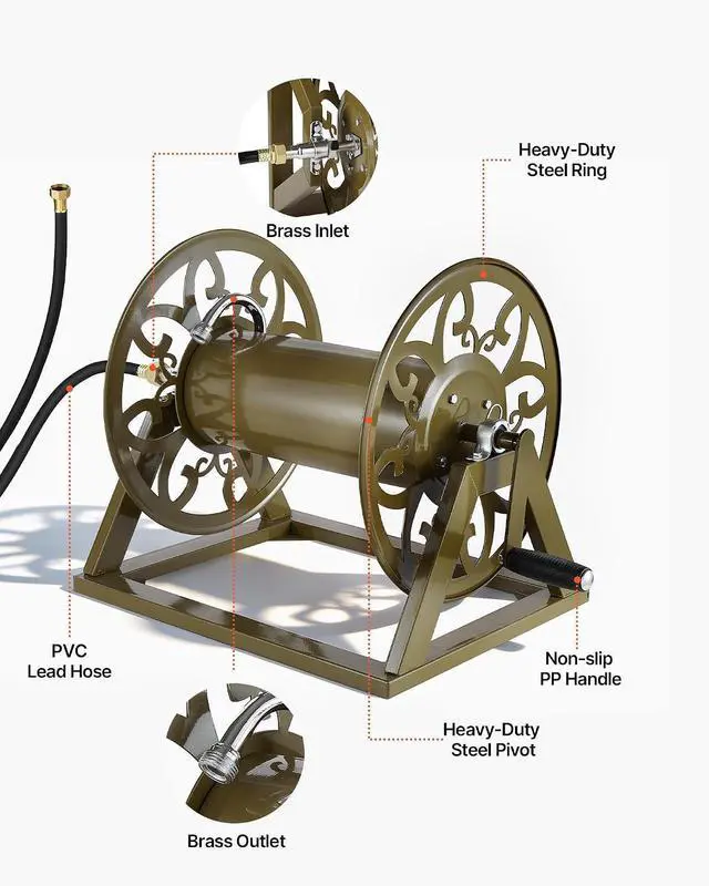 Alt view image 7 of 7 - Wall Mounted Garden Hose Reel, Holds 200 Feet of 5/8-inch Hose, Outdoor Heavy-Duty Waterhose Holder Winder, with Brass Connector, Decorative Pattern, Bronze Finish, for Backyards and Gardens