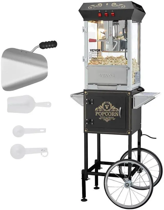 Main image of Popcorn Maker with Cart, 850W Popcorn Popper Machine, 8 Oz Kettle Makes 48 Cups per Batch, Popcorn Maker Equipped with Tempered Glass, Includes 4 Scoops, Movie Theater Style, Black