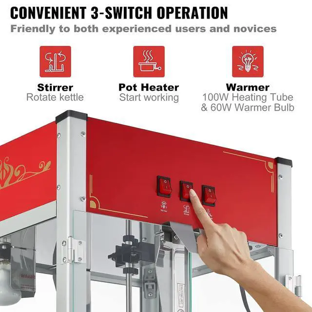 Alt view image 5 of 7 - Commercial Popcorn Machine, 12 Oz Kettle, 1440 W Countertop Popcorn Maker for 80 Cups per Batch, Theater Style Popper with 3-Switch Control Steel Frame Tempered Glass Doors 1 Scoop 2 Spoons, Red