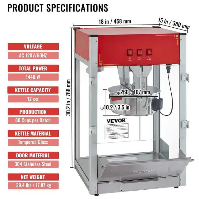 Alt view image 7 of 7 - Commercial Popcorn Machine, 12 Oz Kettle, 1440 W Countertop Popcorn Maker for 80 Cups per Batch, Theater Style Popper with 3-Switch Control Steel Frame Tempered Glass Doors 1 Scoop 2 Spoons, Red