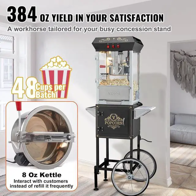 Alt view image 3 of 7 - Popcorn Maker with Cart, 850W Popcorn Popper Machine, 8 Oz Kettle Makes 48 Cups per Batch, Popcorn Maker Equipped with Tempered Glass, Includes 4 Scoops, Movie Theater Style, Black