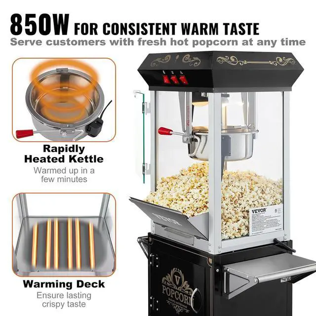 Alt view image 4 of 7 - Popcorn Maker with Cart, 850W Popcorn Popper Machine, 8 Oz Kettle Makes 48 Cups per Batch, Popcorn Maker Equipped with Tempered Glass, Includes 4 Scoops, Movie Theater Style, Black