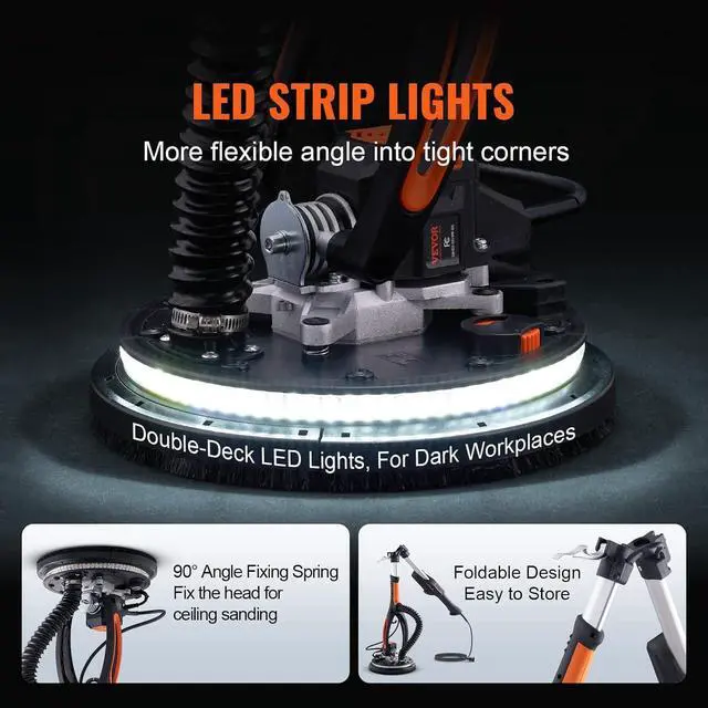 Alt view image 4 of 7 - Drywall Sander, 800W Brushless Motor Electric Sander, Variable Speed 1000-2300 RPM, Foldable Ceiling Sander with Double-Deck LED Lights, Extendable Handle, 12 Sanding Discs