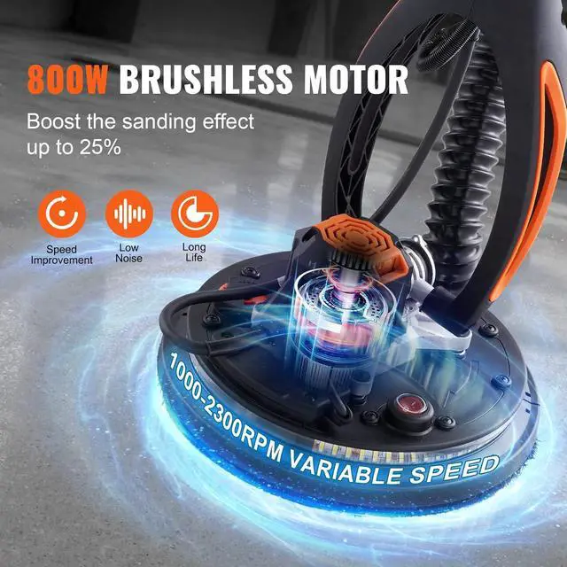 Alt view image 3 of 7 - Drywall Sander, 800W Brushless Motor Electric Sander, Variable Speed 1000-2300 RPM, Foldable Ceiling Sander with Double-Deck LED Lights, Extendable Handle, 12 Sanding Discs