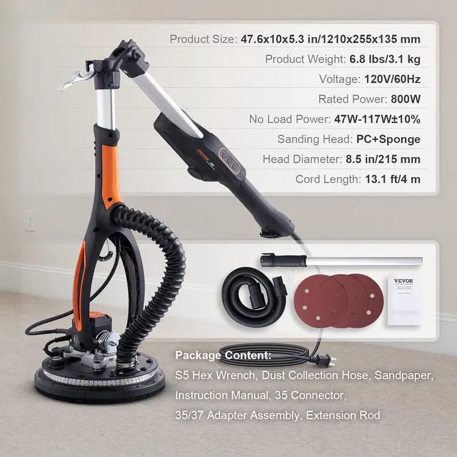 Alt view image 6 of 7 - Drywall Sander, 800W Brushless Motor Electric Sander, Variable Speed 1000-2300 RPM, Foldable Ceiling Sander with Double-Deck LED Lights, Extendable Handle, 12 Sanding Discs