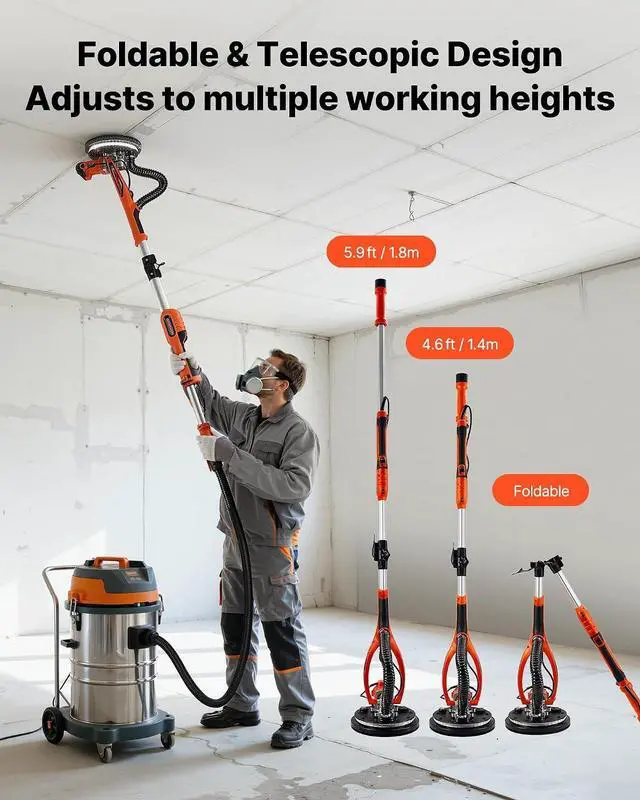 Alt view image 3 of 7 - Drywall Sander, 850W Electric Drywall Sander, Popcorn Ceiling Removal Tool with 5 Variable Speed 800-1700 RPM, Double-Deck LED Light, Foldable & Extendable Handle, 15 Sanding Discs, Dust Hose
