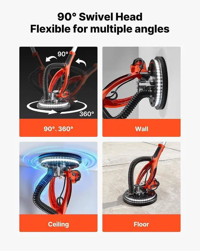Alt view image 4 of 7 - Drywall Sander, 850W Electric Drywall Sander, Popcorn Ceiling Removal Tool with 5 Variable Speed 800-1700 RPM, Double-Deck LED Light, Foldable & Extendable Handle, 15 Sanding Discs, Dust Hose
