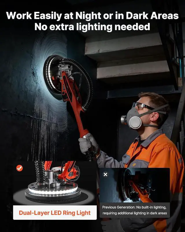 Alt view image 5 of 7 - Drywall Sander, 850W Electric Drywall Sander, Popcorn Ceiling Removal Tool with 5 Variable Speed 800-1700 RPM, Double-Deck LED Light, Foldable & Extendable Handle, 15 Sanding Discs, Dust Hose