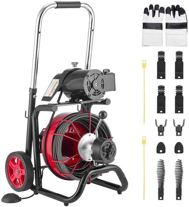 Main image of Drain Cleaner Machine 100FT x 3/8 Inch, Auto Feed Sewer Snake Auger on Wheels, 370W Portable Drain Cleaning Machine with 8 Cutters & Air-activated Foot Switch for 2" to 4" Pipes