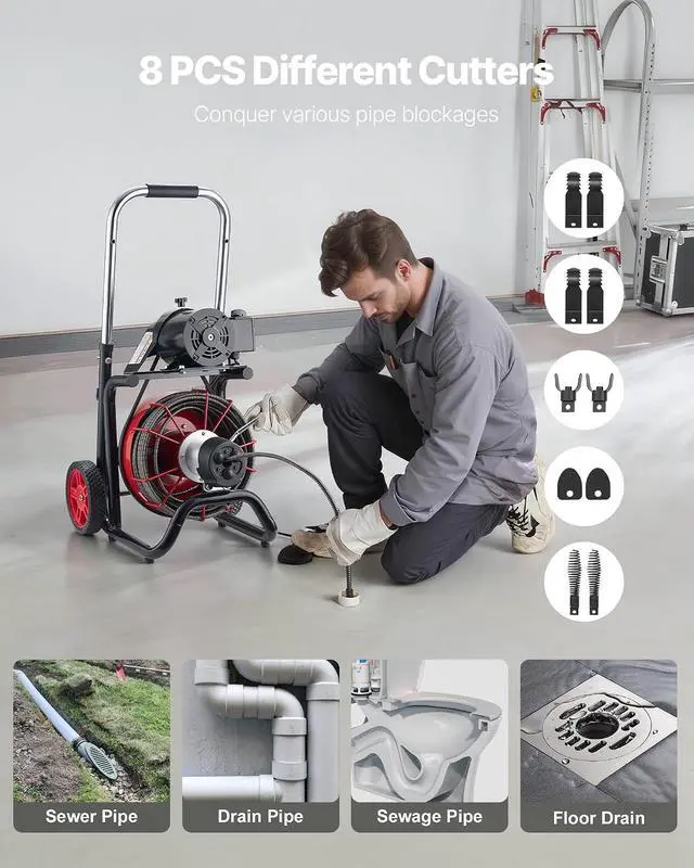Alt view image 5 of 7 - Drain Cleaner Machine 100FT x 3/8 Inch, Auto Feed Sewer Snake Auger on Wheels, 370W Portable Drain Cleaning Machine with 8 Cutters & Air-activated Foot Switch for 2" to 4" Pipes