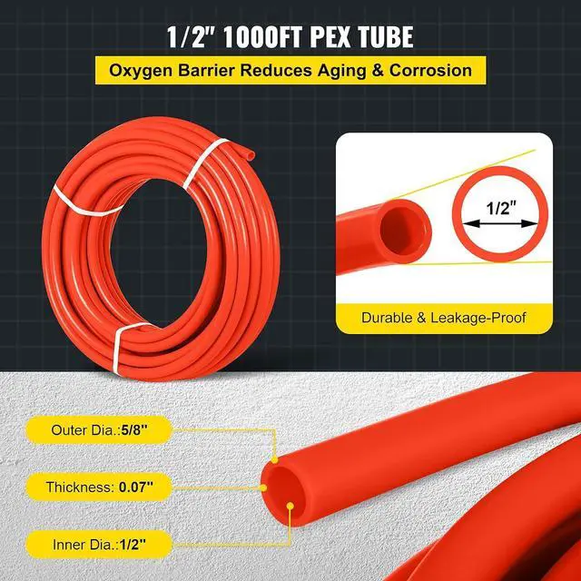 Alt view image 3 of 7 - PEX-B Pipe 1/2 Inch x 1000 Feet,Oxygen Barrier Flexible Pipe Tubing,Red for Hydronic Radiant EVOH Floor Heating, Water Plumbing Applications with Cutter& Clamps