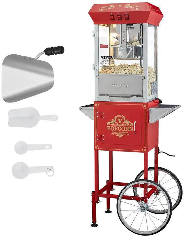 Main image of Commercial Popcorn Machine, 8 Oz Kettle, 850 W Popcorn Maker on Wheels for 48 Cups per Batch, Theater Style Popper with 3-Switch Control Steel Frame Tempered Glass Doors Cart 1 Scoop 2 Spoons