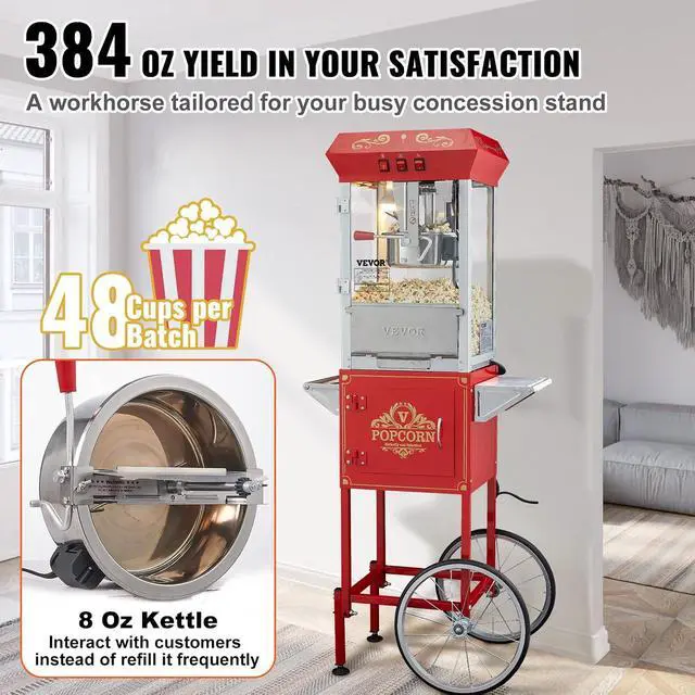 Alt view image 2 of 7 - Commercial Popcorn Machine, 8 Oz Kettle, 850 W Popcorn Maker on Wheels for 48 Cups per Batch, Theater Style Popper with 3-Switch Control Steel Frame Tempered Glass Doors Cart 1 Scoop 2 Spoons