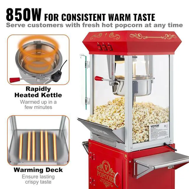Alt view image 3 of 7 - Commercial Popcorn Machine, 8 Oz Kettle, 850 W Popcorn Maker on Wheels for 48 Cups per Batch, Theater Style Popper with 3-Switch Control Steel Frame Tempered Glass Doors Cart 1 Scoop 2 Spoons