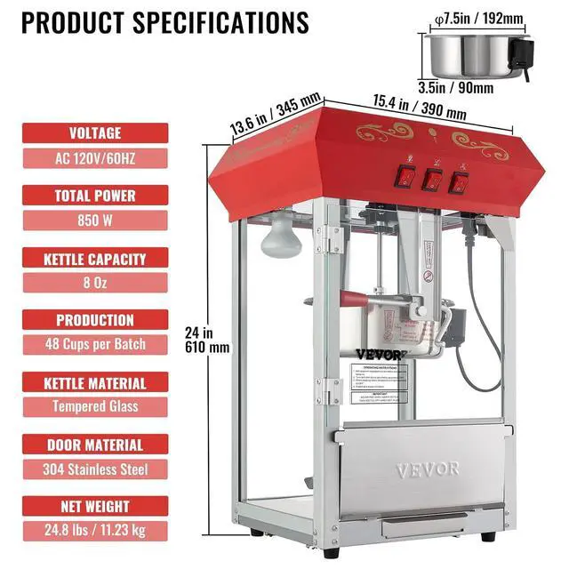Alt view image 7 of 7 - Commercial Popcorn Machine, 8 Oz Kettle, 850 W Countertop Popcorn Maker for 48 Cups per Batch, Theater Style Popper with 3-Switch Control Steel Frame Tempered Glass Doors 2 Scoops 2 Spoons, Red