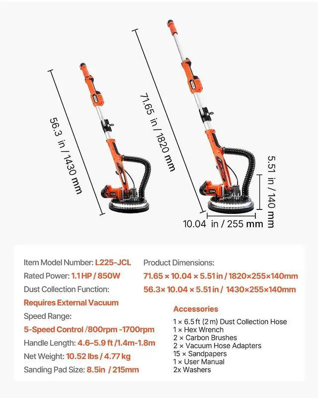 Alt view image 7 of 7 - Drywall Sander, 850W Electric Drywall Sander, Popcorn Ceiling Removal Tool with 5 Variable Speed 800-1700 RPM, Double-Deck LED Light, Foldable & Extendable Handle, 15 Sanding Discs, Dust Hose