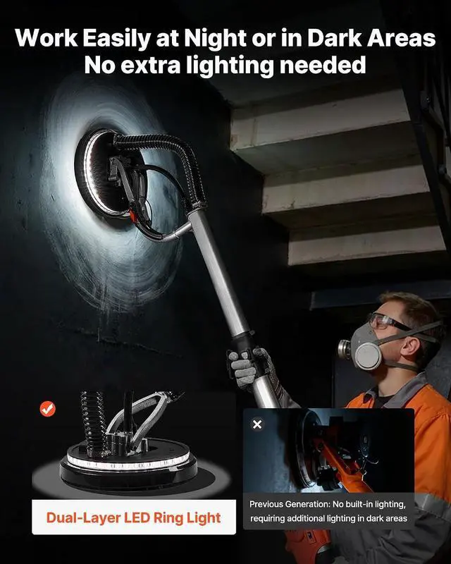 Alt view image 5 of 7 - Drywall Sander, 1010W Electric Drywall Sander, Popcorn Ceiling Removal Tool with 7 Variable Speed 1000-2200 RPM, Double-Deck LED Light, Foldable & Extendable Handle, 15 Sanding Discs, Dust Hose