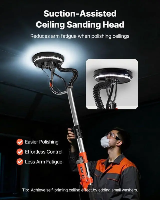 Alt view image 3 of 7 - Drywall Sander, 1010W Electric Drywall Sander, Popcorn Ceiling Removal Tool with 7 Variable Speed 1000-2200 RPM, Double-Deck LED Light, Foldable & Extendable Handle, 15 Sanding Discs, Dust Hose