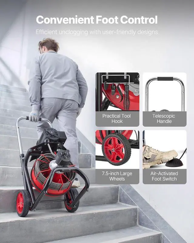 Alt view image 6 of 7 - Drain Cleaner Machine 100FT x 3/8 Inch, Auto Feed Sewer Snake Auger on Wheels, 370W Portable Drain Cleaning Machine with 8 Cutters & Air-activated Foot Switch for 2" to 4" Pipes