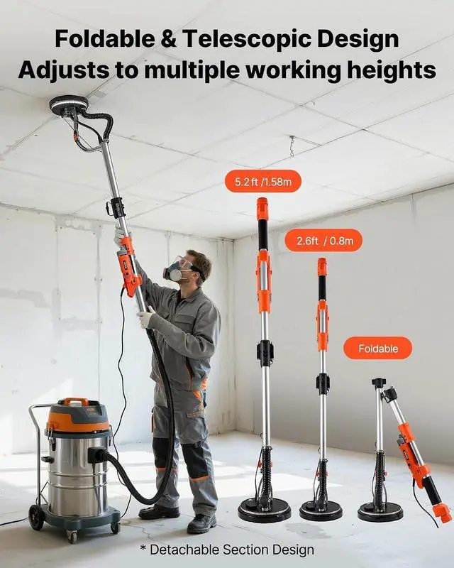 Alt view image 6 of 7 - Drywall Sander, 1010W Electric Drywall Sander, Popcorn Ceiling Removal Tool with 7 Variable Speed 1000-2200 RPM, Double-Deck LED Light, Foldable & Extendable Handle, 15 Sanding Discs, Dust Hose