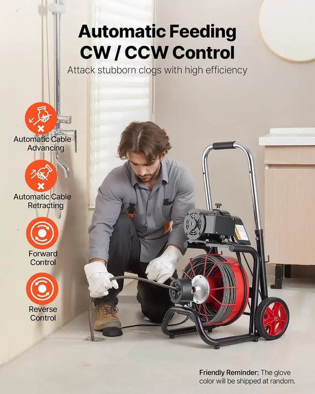 Alt view image 2 of 7 - Drain Cleaner Machine 100FT x 3/8 Inch, Auto Feed Sewer Snake Auger on Wheels, 370W Portable Drain Cleaning Machine with 8 Cutters & Air-activated Foot Switch for 2" to 4" Pipes