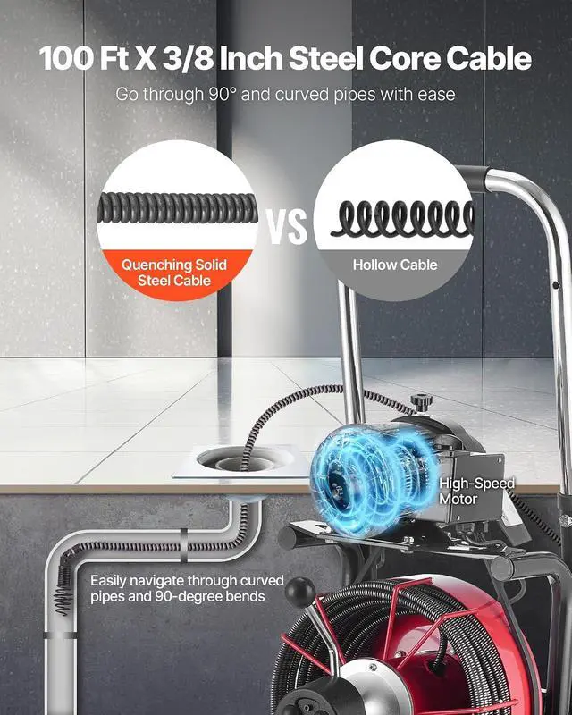 Alt view image 3 of 7 - Drain Cleaner Machine 100FT x 3/8 Inch, Auto Feed Sewer Snake Auger on Wheels, 370W Portable Drain Cleaning Machine with 8 Cutters & Air-activated Foot Switch for 2" to 4" Pipes