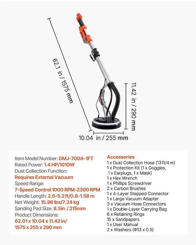 Alt view image 7 of 7 - Drywall Sander, 1010W Electric Drywall Sander, Popcorn Ceiling Removal Tool with 7 Variable Speed 1000-2200 RPM, Double-Deck LED Light, Foldable & Extendable Handle, 15 Sanding Discs, Dust Hose
